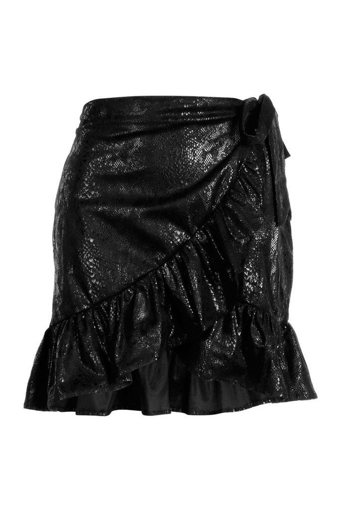 Womens Snake Print Faux Leather Ruffle Wrap Mini Skirt - black - XS, Black