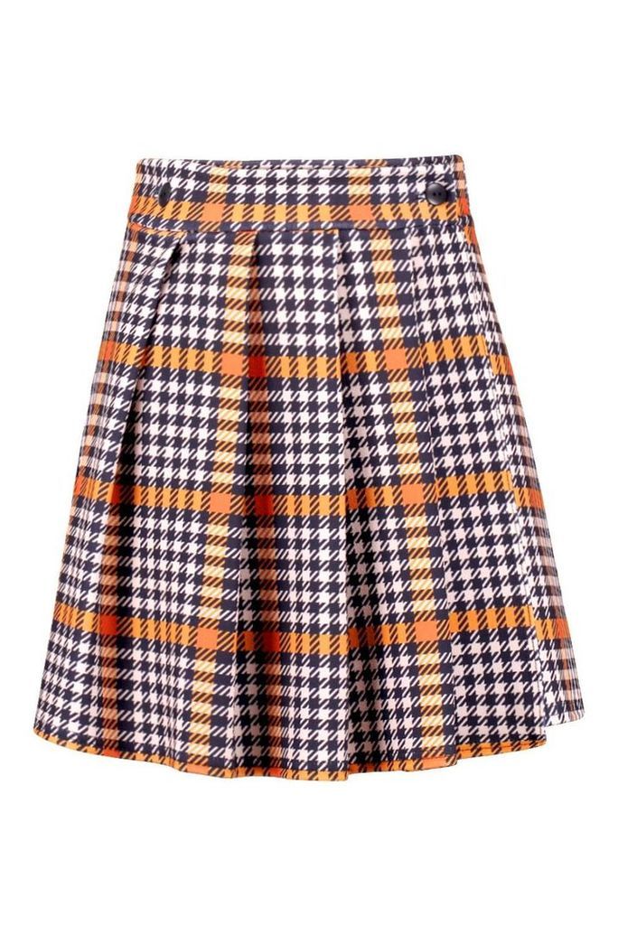 Womens Dogtooth Pleated Wrap Mini Skirt - Orange - 14, Orange
