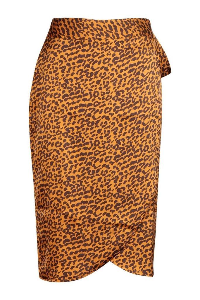 Womens Leopard Satin Wrap Midi Skirt - Yellow - 12, Yellow