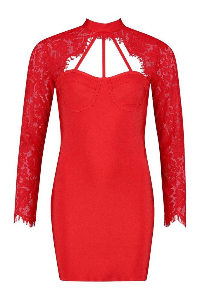 Womens Lace Top High Neck Contouring Bandage Bodycon Dress - red - 6, Red