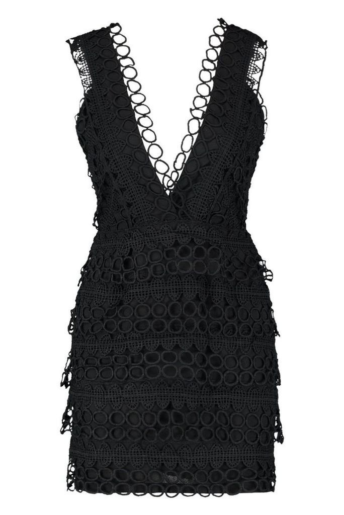 Womens Lace Plunge Neck Panelled Bodycon Dress - black - 8, Black