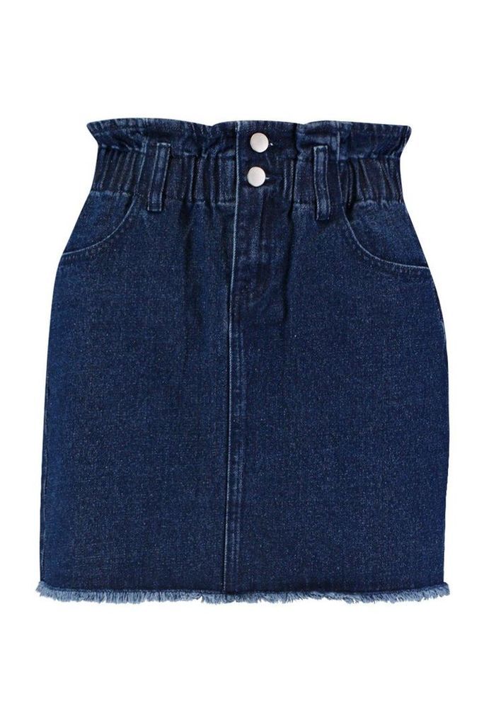 Womens Elastic Ruffle Waist Denim Mini Skirt - blue - 10, Blue