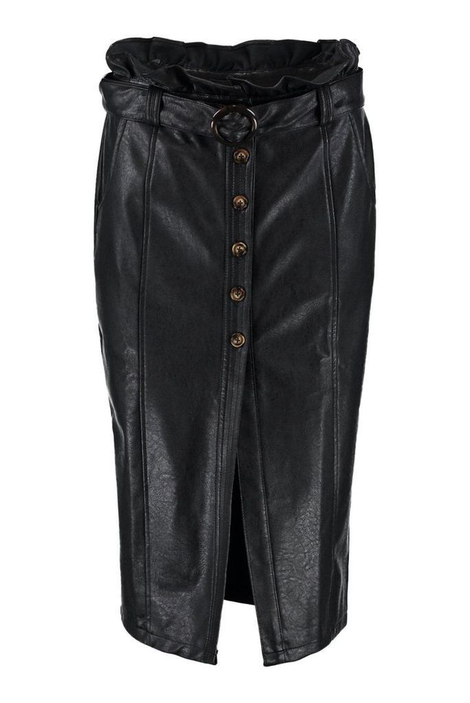 Womens Leather Look Mock Horn Button Paperbag Midi Skirt - black - 6, Black