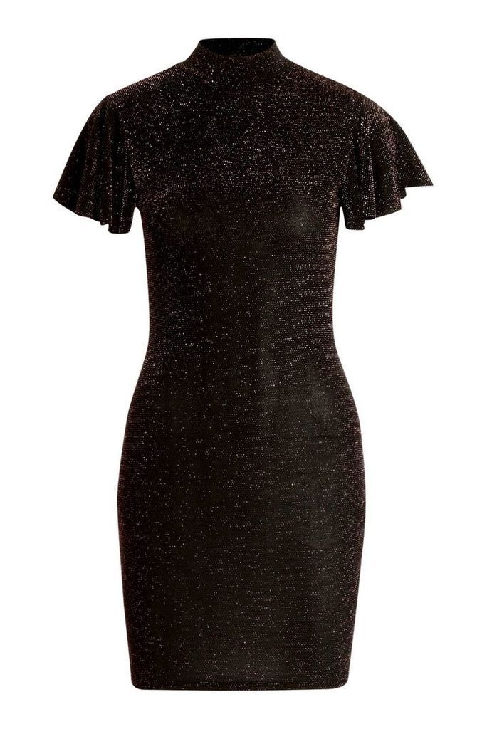 Womens Glitter High Neck Angel Sleeve Mini Dress - Black - 6, Black