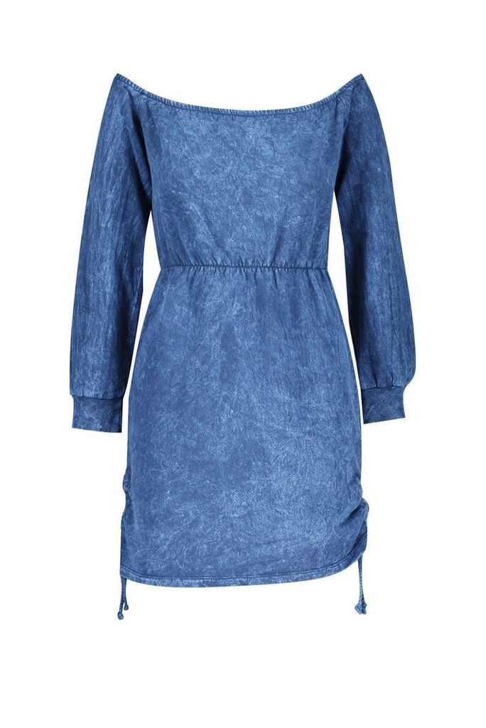 Womens Off Shoulder Ruched Side Acid Wash Sweatshirt Dress - blue - 8, Blue