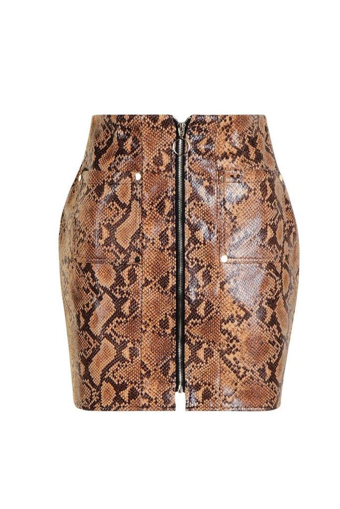 Womens Snakeskin PU Leather Look Zip Front Mini Skirt - brown - 12, Brown