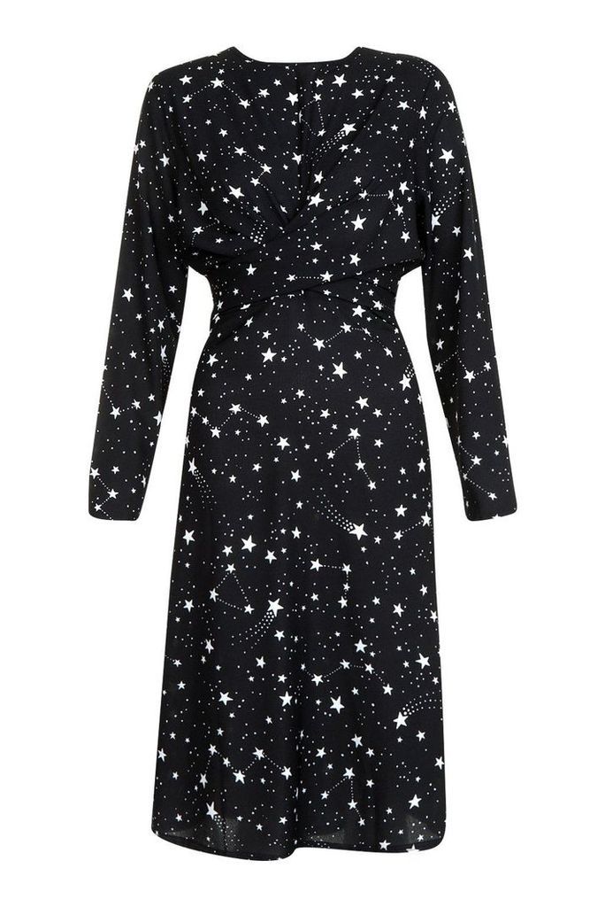Womens Constellation Print Knot Front Skater Dress - black - 8, Black