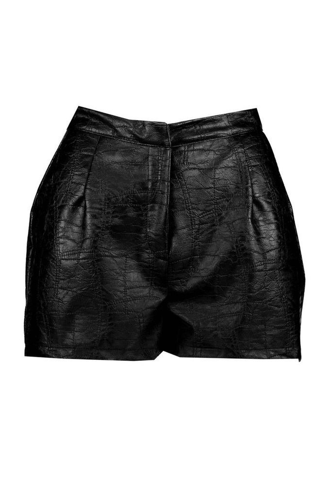 Womens Leather Look Pleated Shorts - black - 16, Black