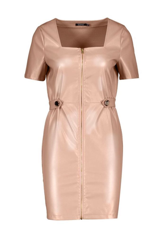 Womens Zip Front Leather Look Mini Dress - beige - 14, Beige