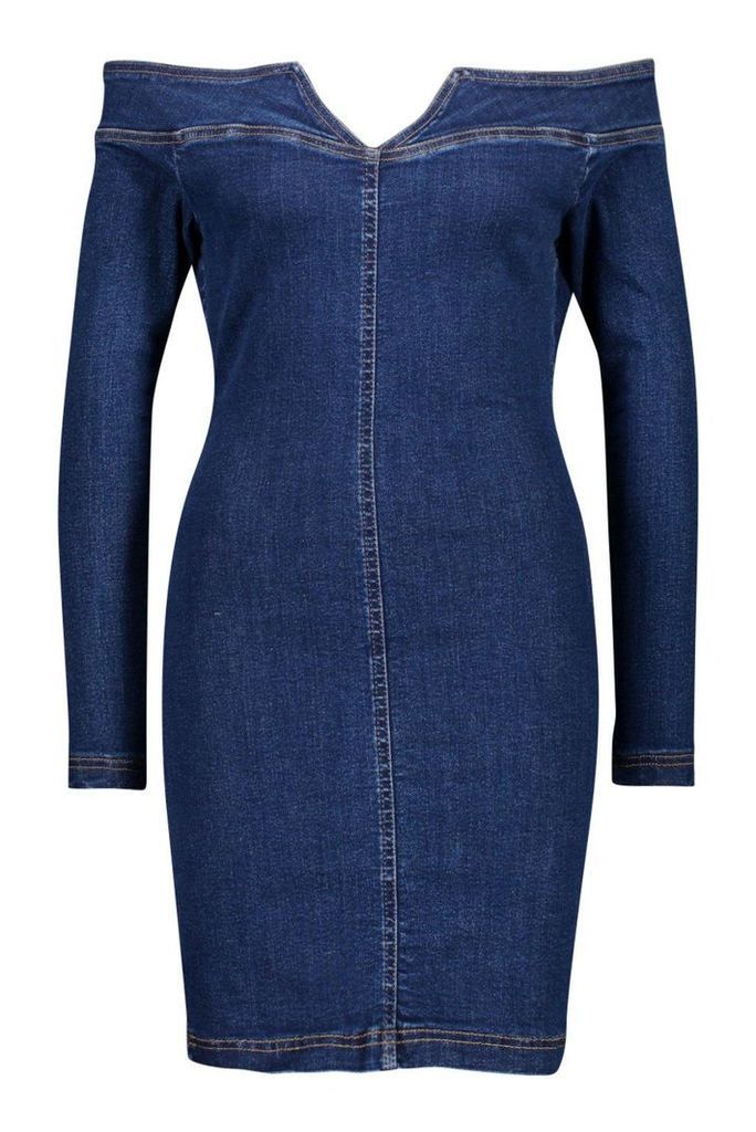 Womens Bodycon Off The Shoulder Stretch Denim Dress - blue - 16, Blue