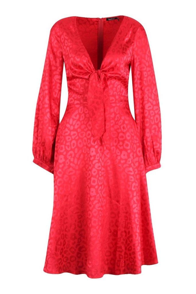 Womens Knot Front Flared Sleeve Jacquard Midi Dress - 10, Red