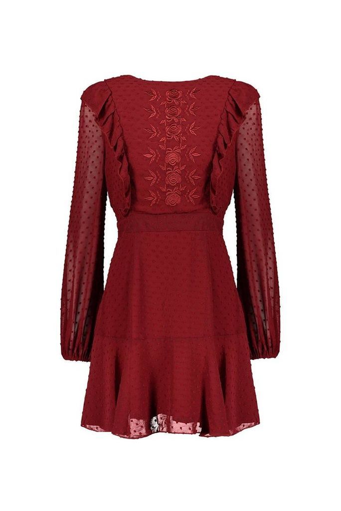 Womens Embroidered Dobby Chiffon Ruffle Detail Mini Dress - 10, Red