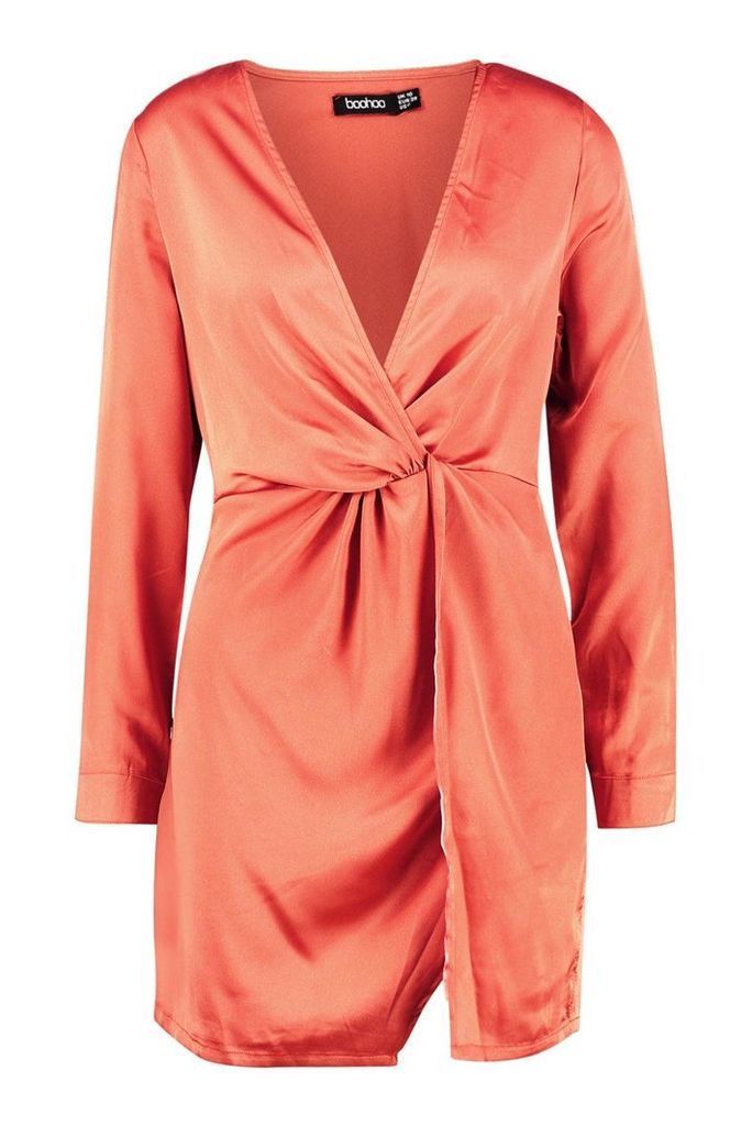 Womens Satin Twist Knot Detail Dress - orange - 10, Orange