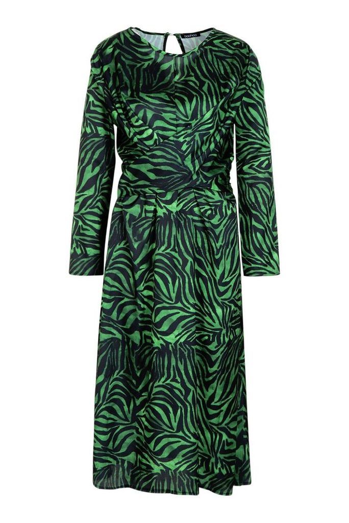 Womens Satin Zebra Twist Front Midi Dress - Green - 12, Green