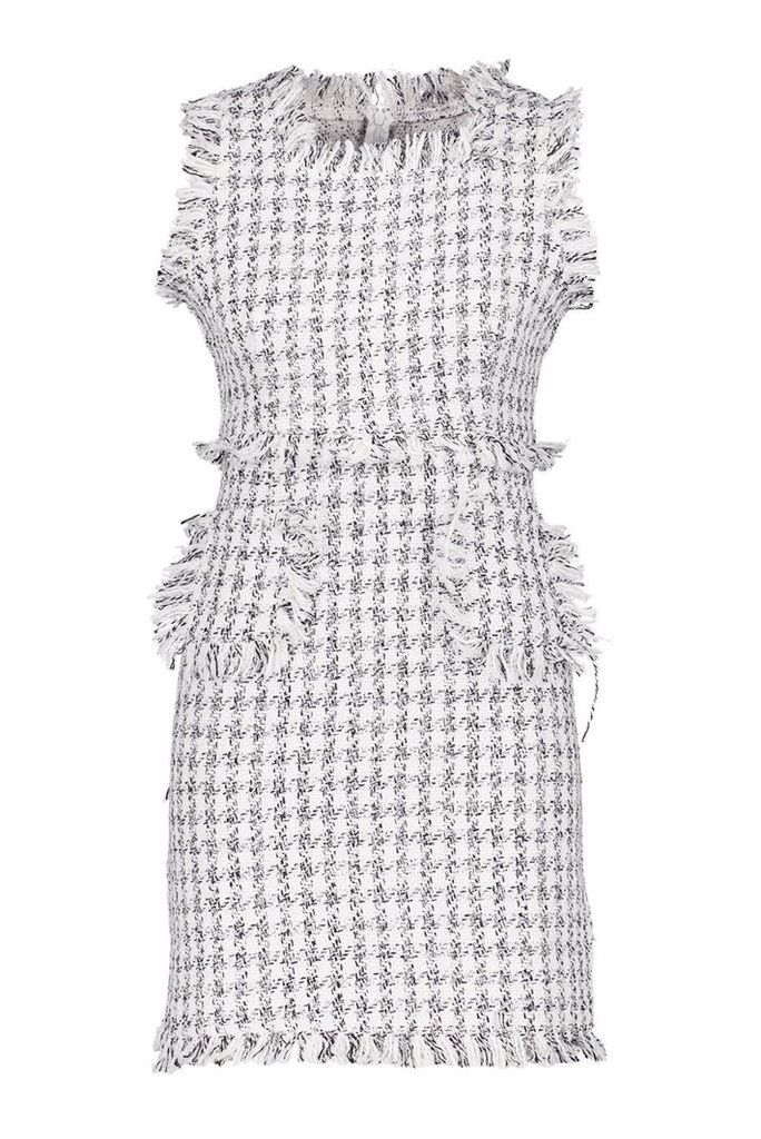 Womens Tweed Frayed Edge Mini Pinafore Dress - white - 8, White