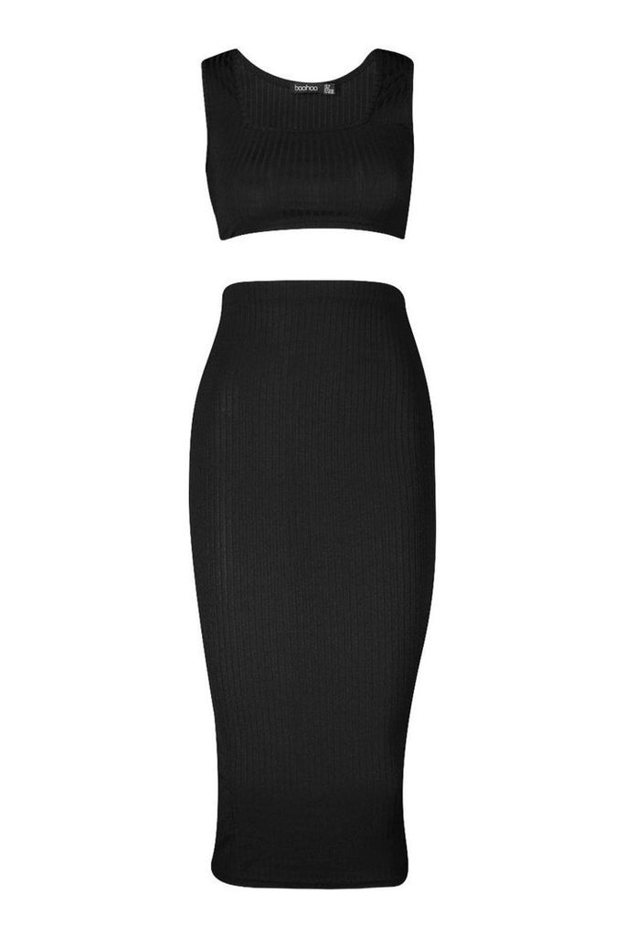 Womens Jumbo Rib Square Neck Bralet&Midi Skirt Co-Ord Set - Black - 14, Black