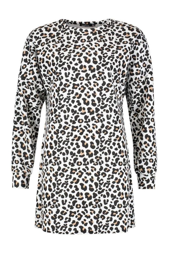 Womens Leopard Print Balloon Sleeve Oversized Sweatshirt Dress - Cream - 12, Cream