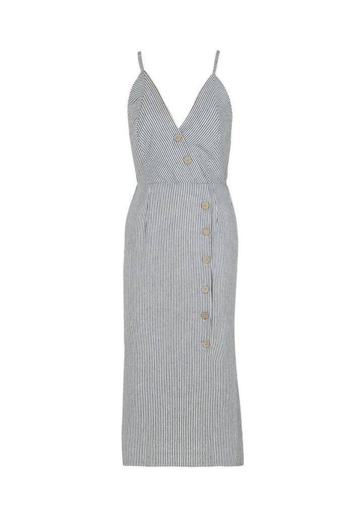 Womens Button Front Stripe Midi Dress - grey - 10, Grey
