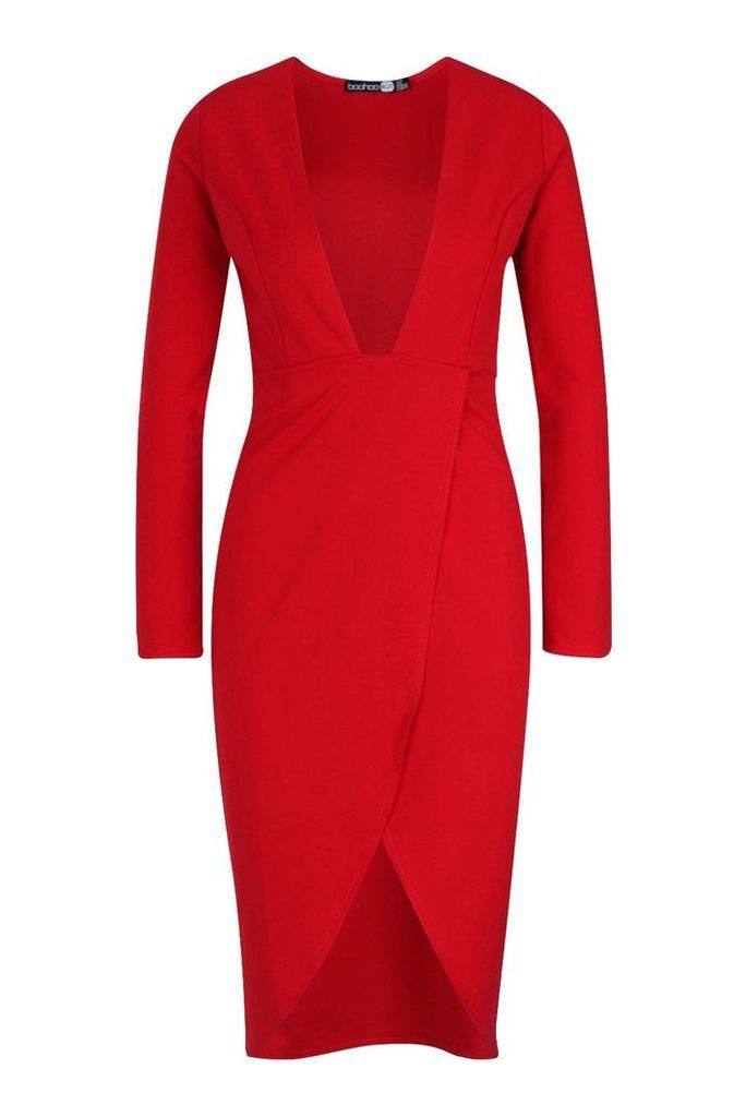Womens Plunge Front Thigh Split Midi Dress - red - 6, Red
