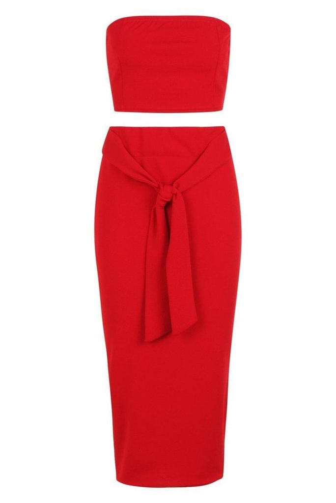 Womens Bandeau Tie Detail Midi Skirt Co-Ord Set - Red - 8, Red