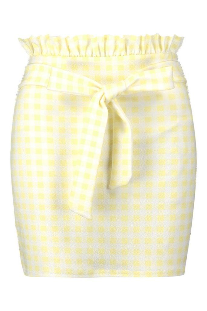 Womens Gingham Check Paperbag & Tie Mini Skirt - Yellow - 16, Yellow