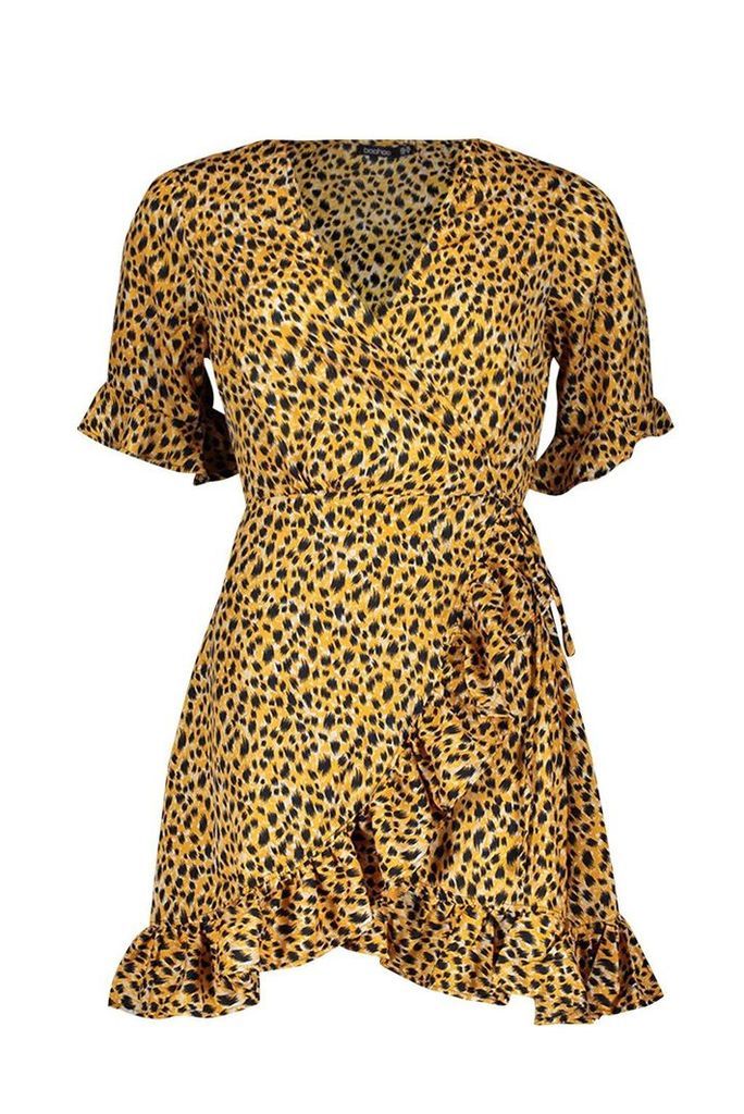 Womens Ruffle Leopard Print Dress - brown - 10, Brown
