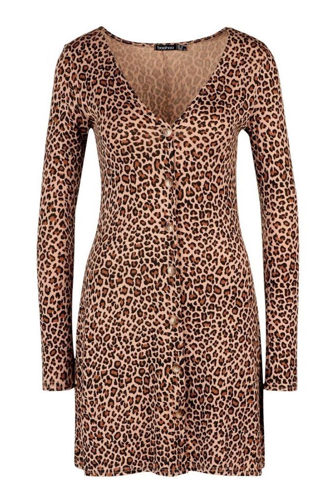 Womens Leopard Print Long Sleeve Swing Dress - beige - 16, Beige