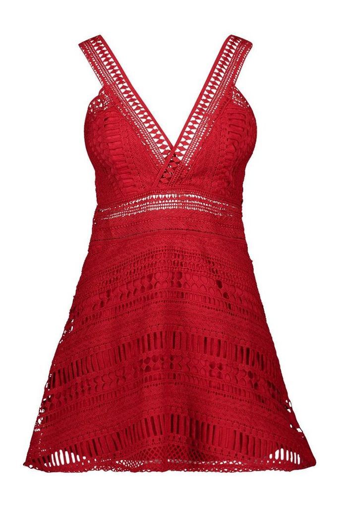 Womens Lace Plunge Neck Skater Dress - red - 10, Red