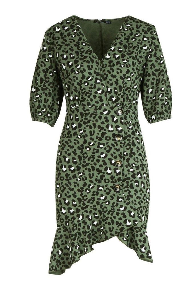 Womens Leopard Print Button Detail Frill Shift Dress - Green - 8, Green