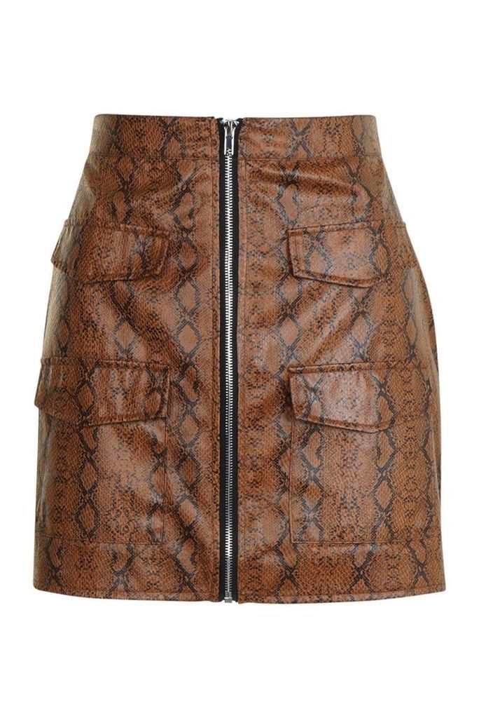 Womens Snake Print Leather Look A Line Mini Skirt - Brown - 10, Brown