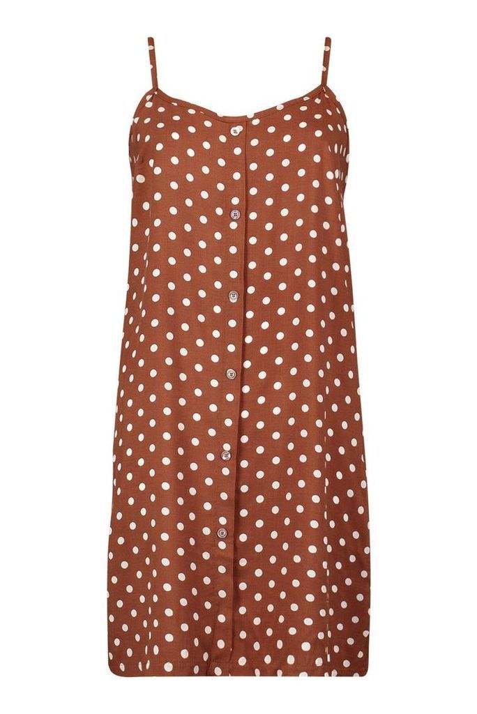 Womens Polka Dot Button Through Cami Mini Dress - brown - 8, Brown