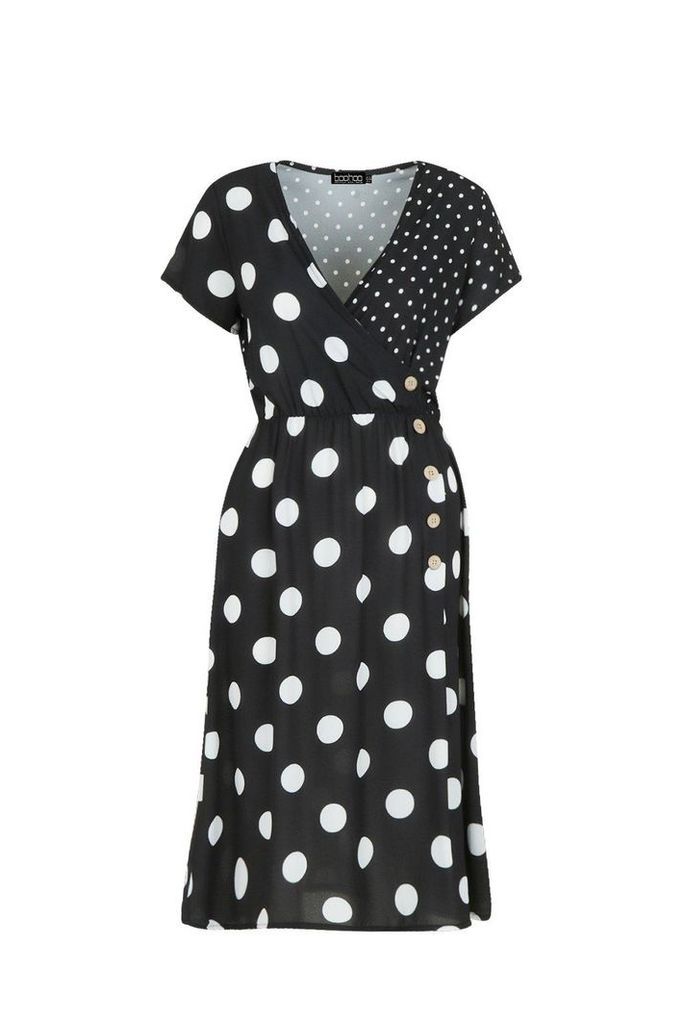 Womens Mixed Polka Dot Button Front Midi Dress - black - 10, Black
