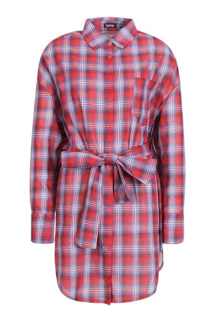 Womens Belted Check Shirt Dress - red - 10, Red