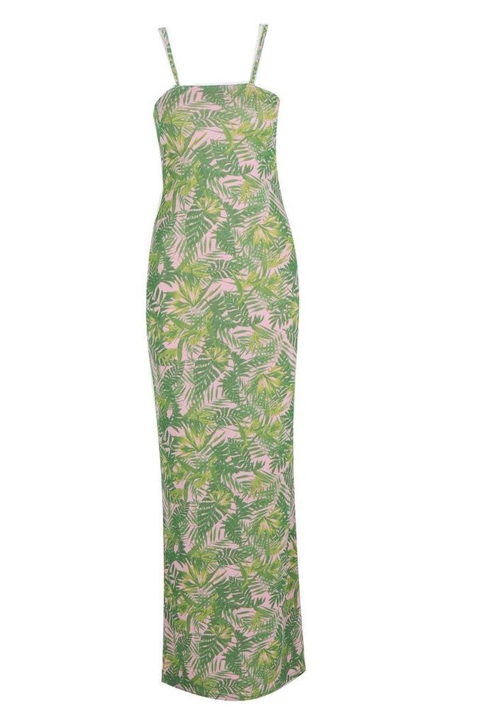 Womens Palm Print Square Neck Maxi Dress - green - 8, Green