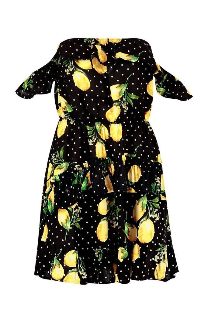 Womens Lemon + Polka Dot Ruffle Shoulder Mini Dress - black - 10, Black