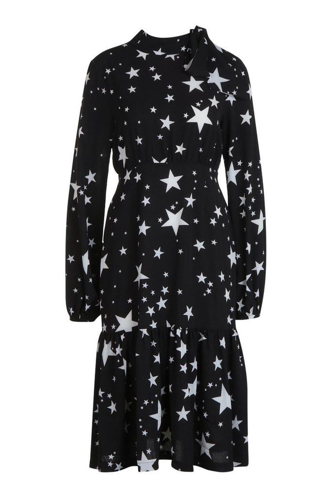 Womens Tie Neck Star Print Midi Dress - black - 16, Black