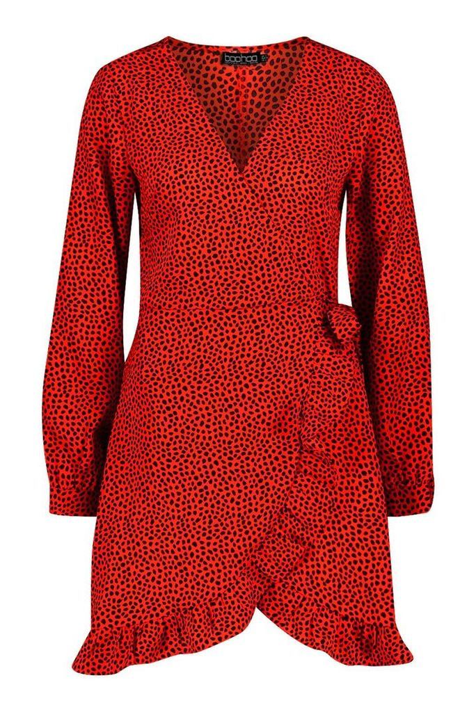 Womens Dalmatian Print Ruffle Hem Tea Dress - red - M, Red