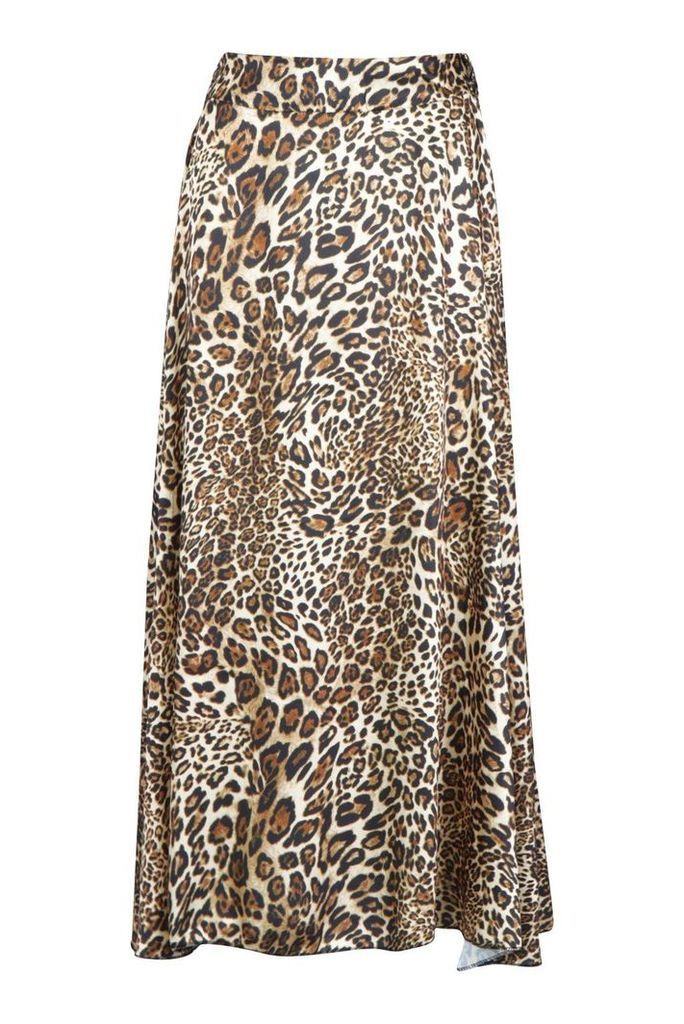 Womens Asymmetric Leopard Midi Skirt - beige - 12, Beige