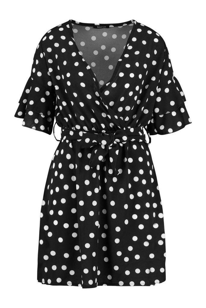Womens Large Polka Dot Floral Tea Dress - black - 8, Black