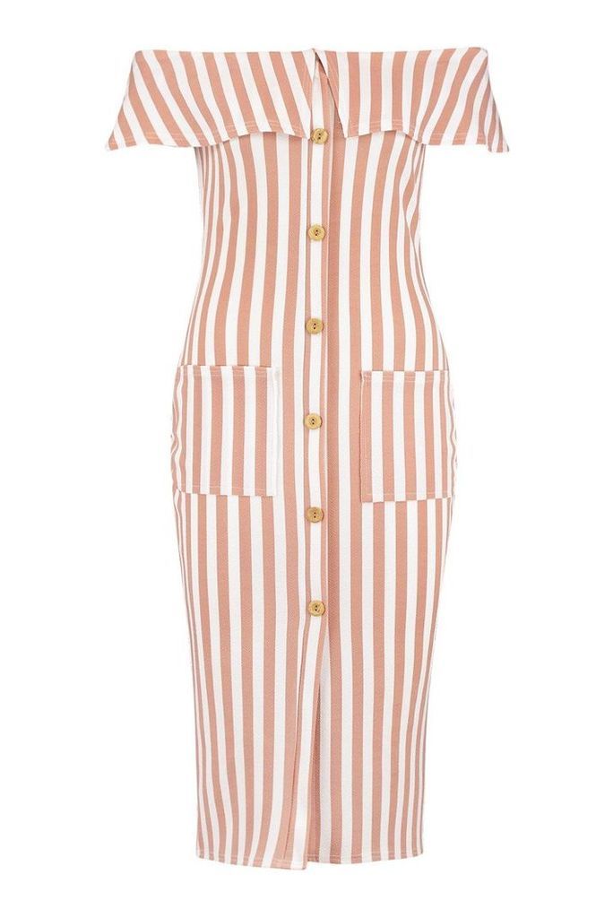 Womens Bardot Tonal Stripe Midi Dress - Beige - 14, Beige