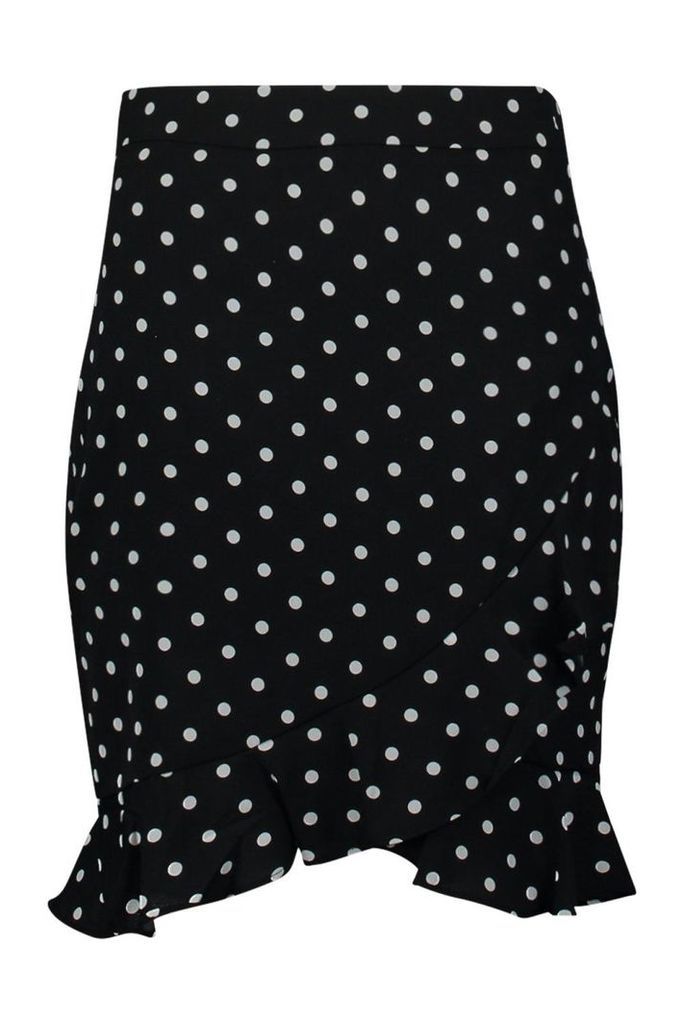 Womens Polka Dot Ruffle Hem Mini Skirt - Black - L, Black