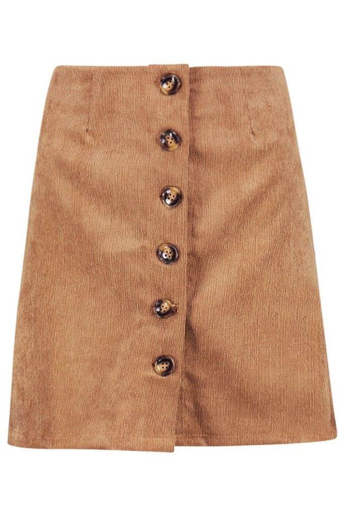 Womens Baby Cord Button Through Skirt - brown - S, Brown