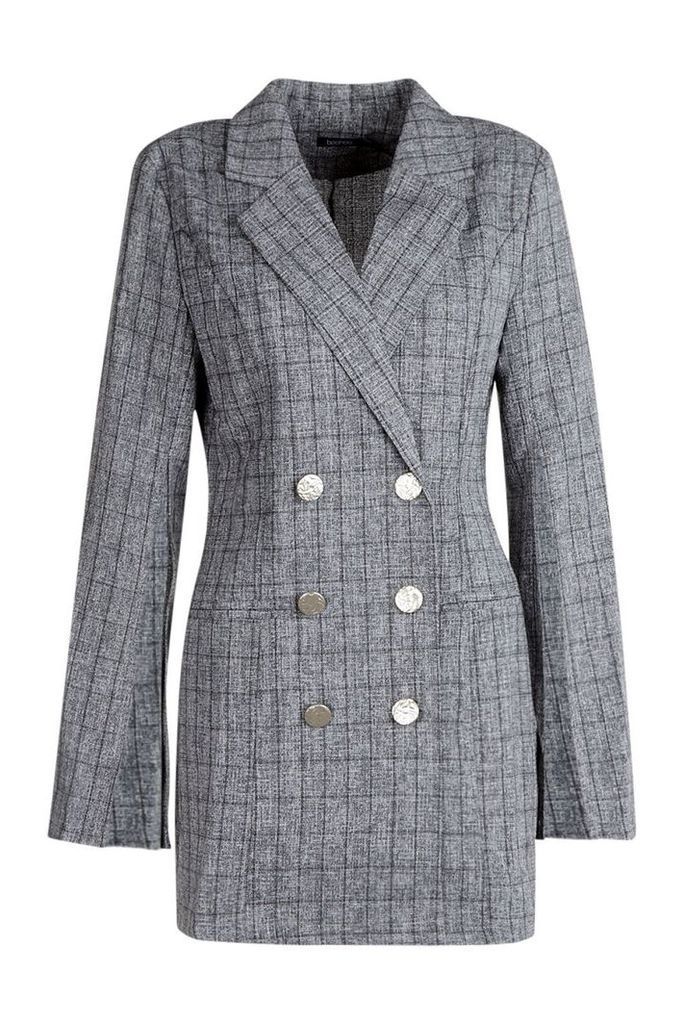 Womens Button Front Split Sleeve Blazer Dress - grey - 14, Grey