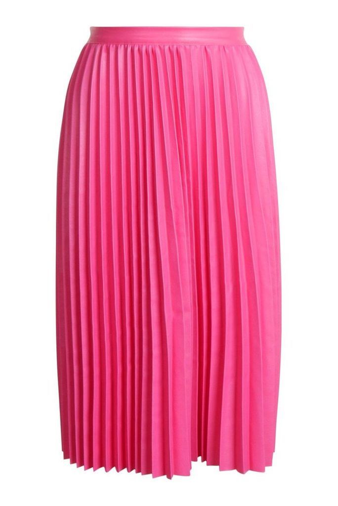 Womens Pleated Leather Look Midi Skirt - Pink - 8, Pink