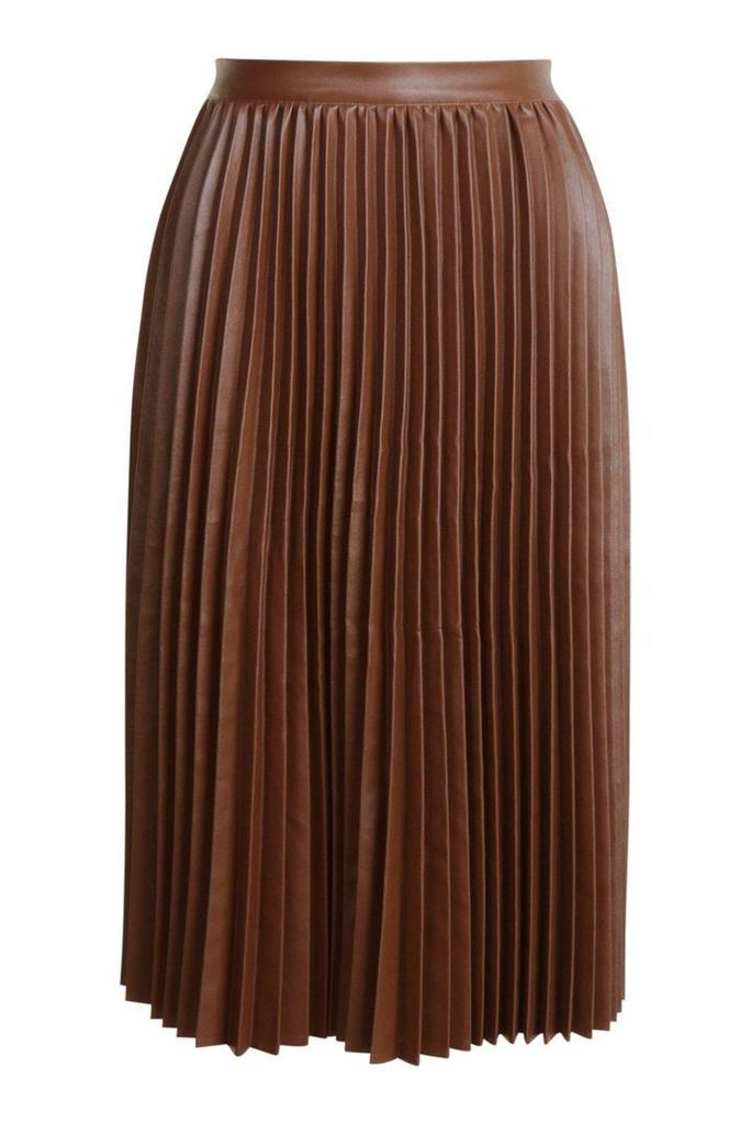 Womens Pleated Leather Look Midi Skirt - brown - 10, Brown