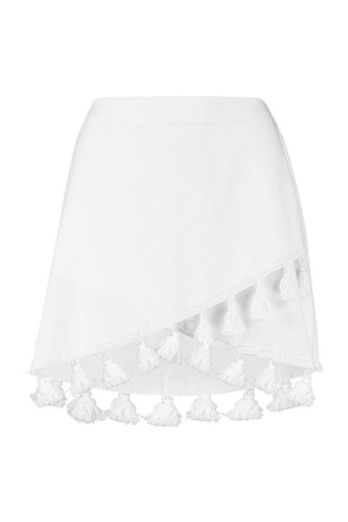 Womens Wrap Front Linen Mix Tassle Skirt - cream - 12, Cream