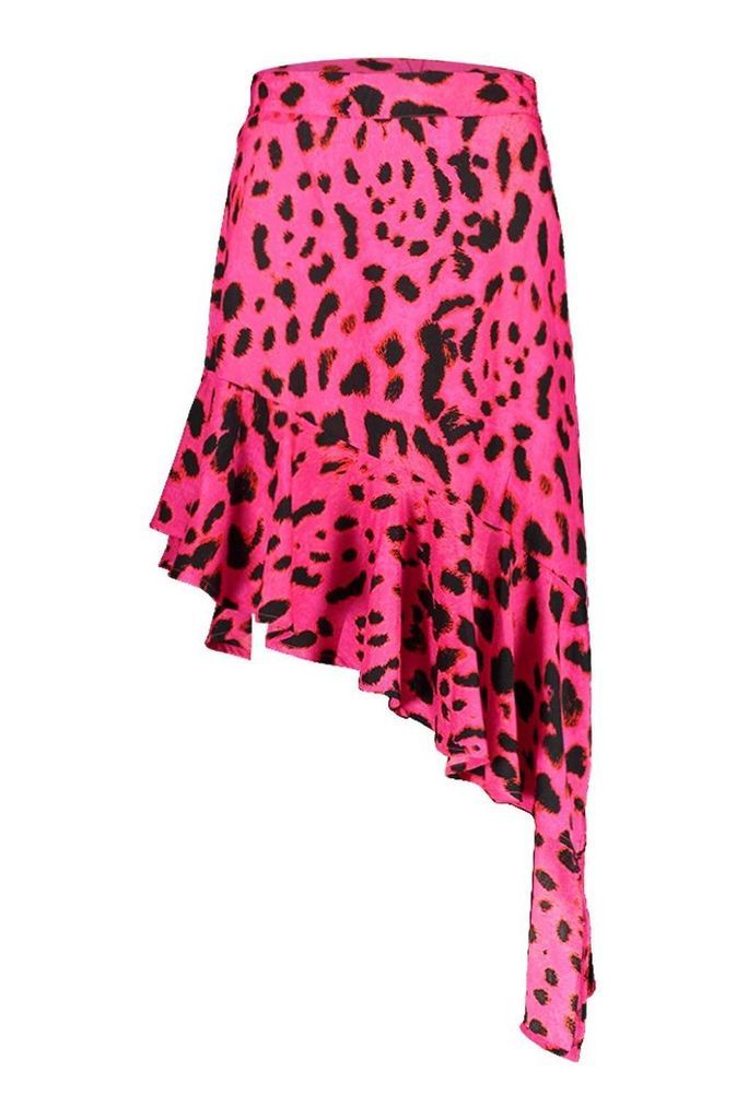 Womens Leopard Print Ruffle Hem Midi Skirt - Pink - 14, Pink