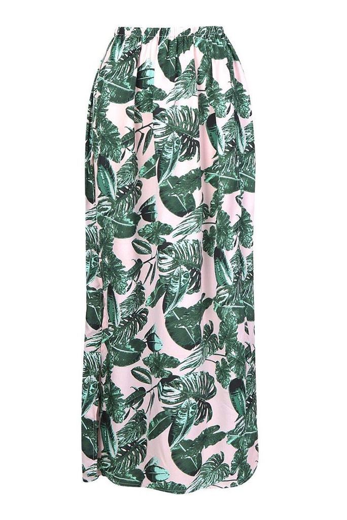 Womens Palm Print Side Split Maxi Skirt - Pink - 12, Pink