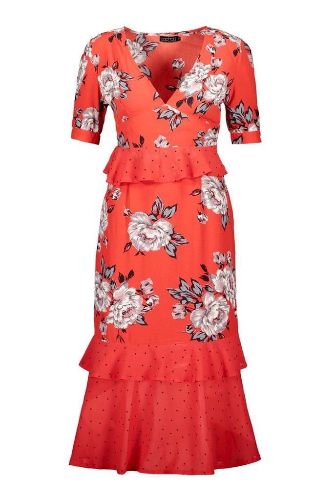 Womens Floral Polka Dot Mix Midi Dress - Red - 16, Red