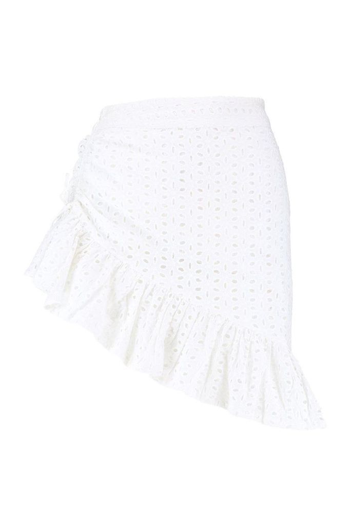 Womens Rouched Side Broderie Anglais Mini Skirt - white - 10, White